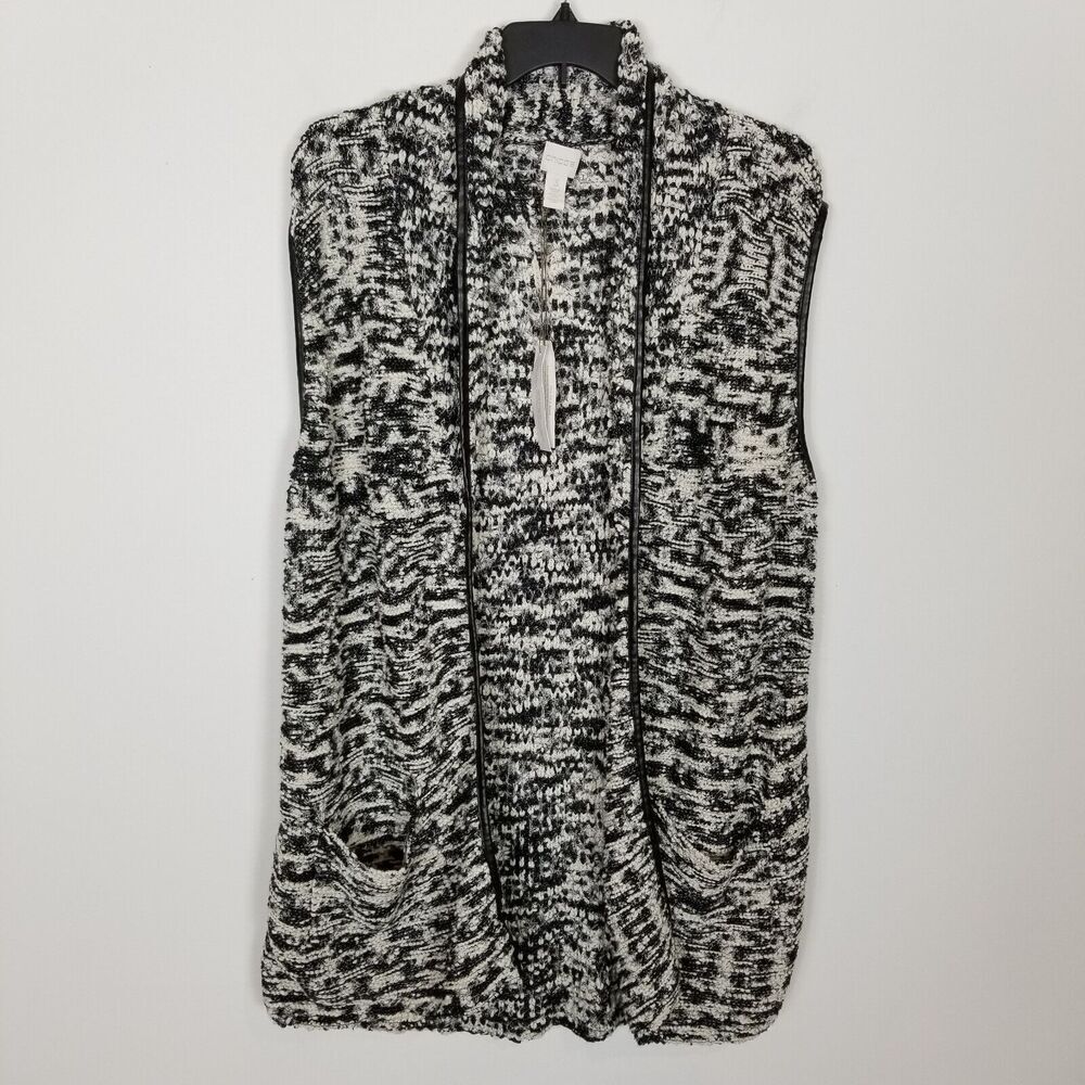 Chico's‎ Women Knit Sweater Vest Sz XL Black White Open Front Faux Leather Trim